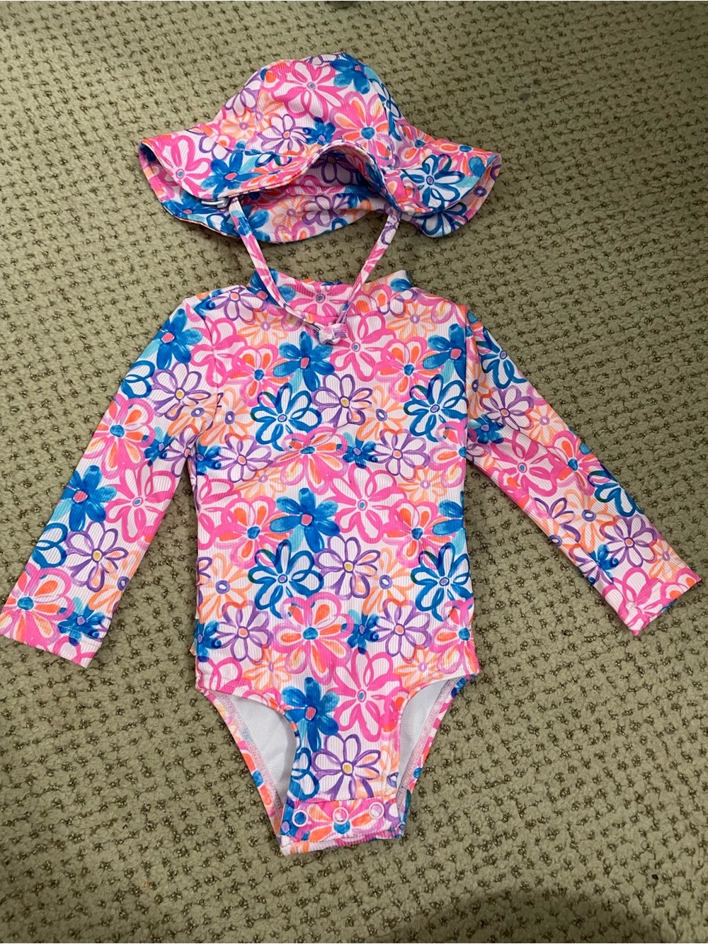 Girls' Pink Floral Long-Sleeve Rash Guard Swimsuit with Sun Hat